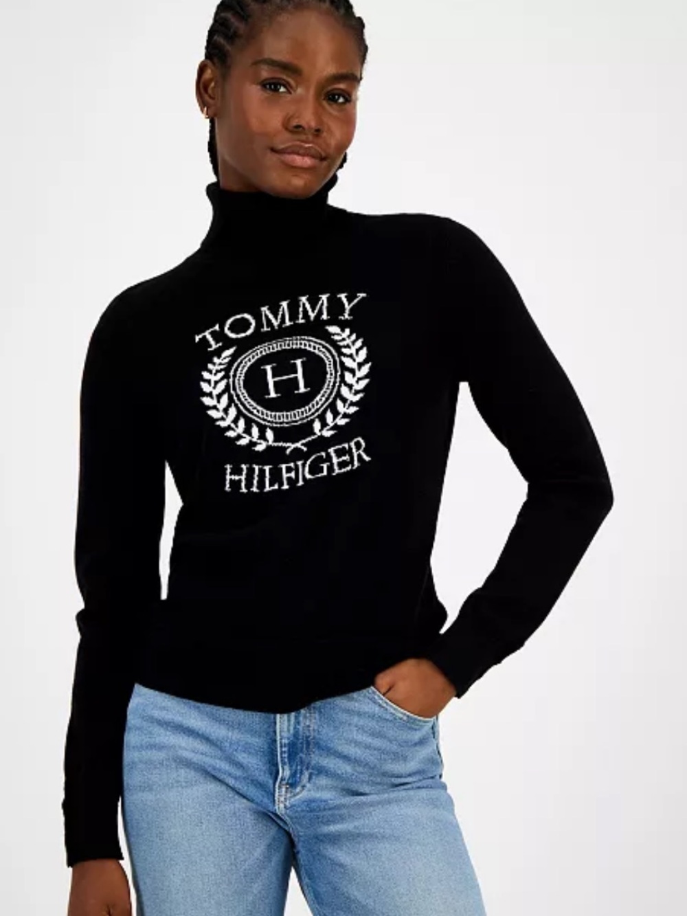 Tommy Hilfiger Women's Stella Black Turtleneck Sweater Crest Logo L Academia